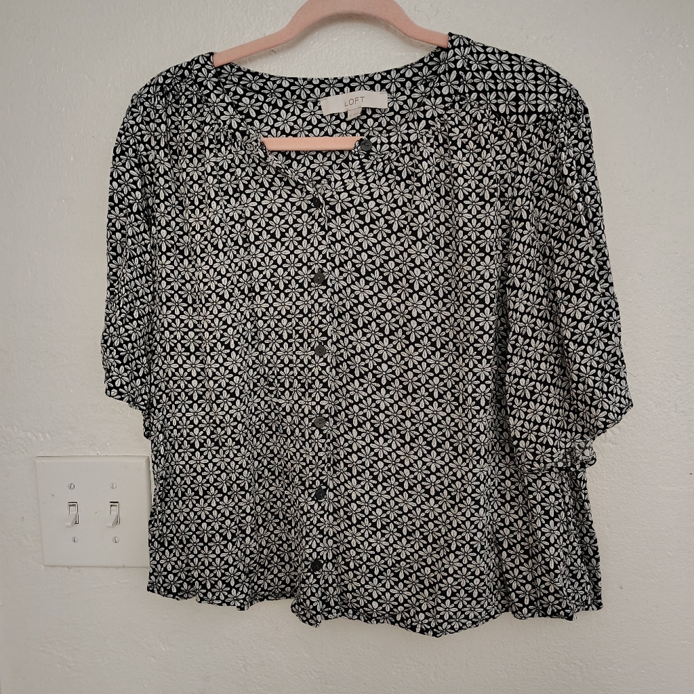 LOFT Black and White Ruffled Blouse with Peter Pan Collar